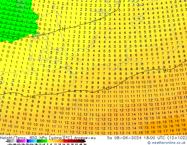 Hoogte/Temp. 850 hPa Arpege-eu za 08.06.2024 18 UTC