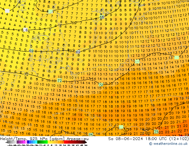 Géop./Temp. 925 hPa Arpege-eu sam 08.06.2024 18 UTC