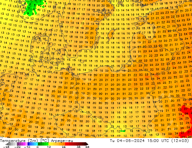 mapa temperatury (2m) Arpege-eu wto. 04.06.2024 15 UTC