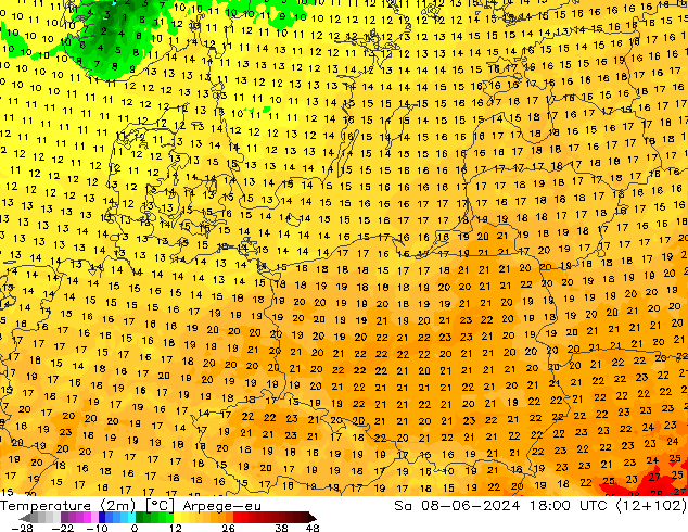 température (2m) Arpege-eu sam 08.06.2024 18 UTC