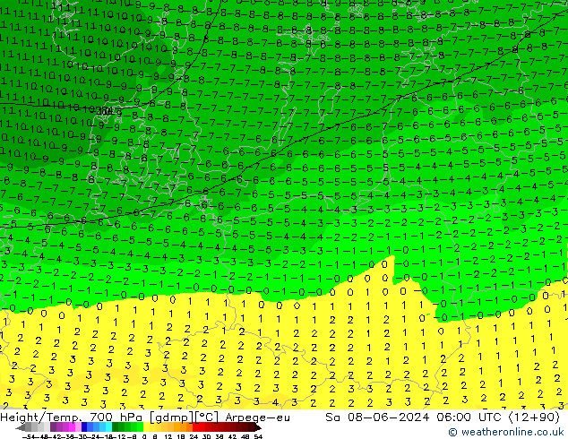 Height/Temp. 700 hPa Arpege-eu so. 08.06.2024 06 UTC