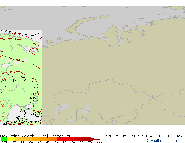 Max. wind velocity Arpege-eu  08.06.2024 09 UTC