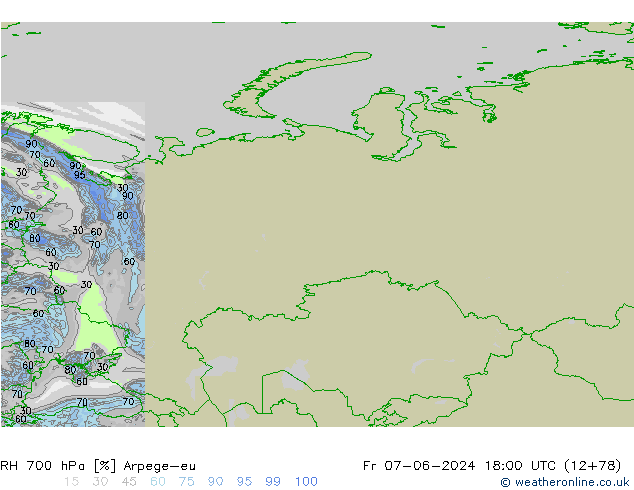 RH 700 hPa Arpege-eu Sex 07.06.2024 18 UTC