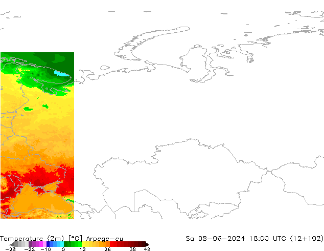 mapa temperatury (2m) Arpege-eu so. 08.06.2024 18 UTC