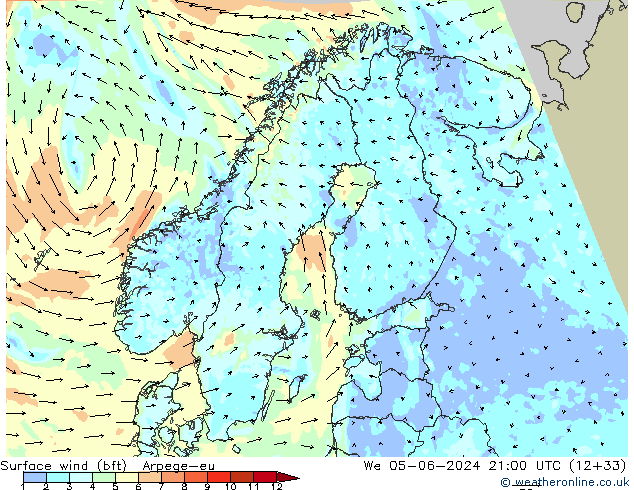 Wind 10 m (bft) Arpege-eu wo 05.06.2024 21 UTC