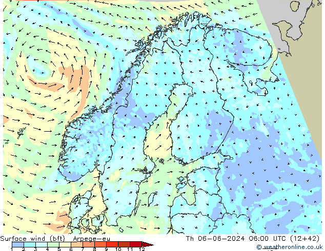 Bodenwind (bft) Arpege-eu Do 06.06.2024 06 UTC