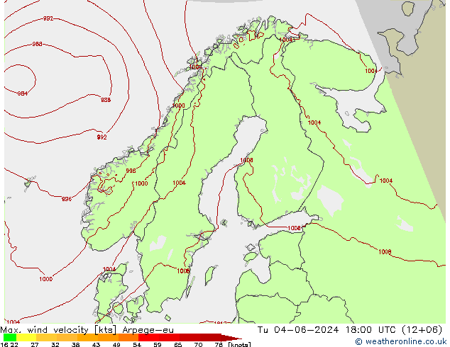 Max. wind snelheid Arpege-eu di 04.06.2024 18 UTC