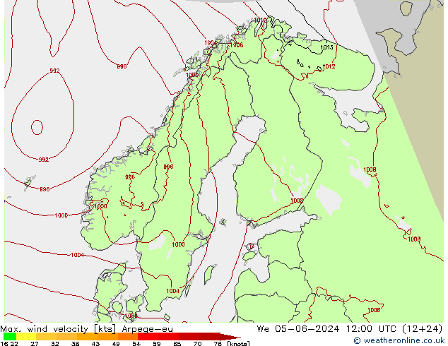 Max. wind snelheid Arpege-eu wo 05.06.2024 12 UTC