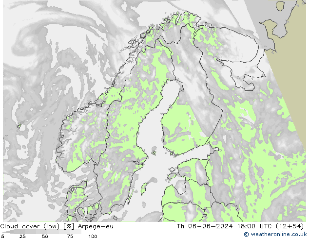 Cloud cover (low) Arpege-eu Th 06.06.2024 18 UTC