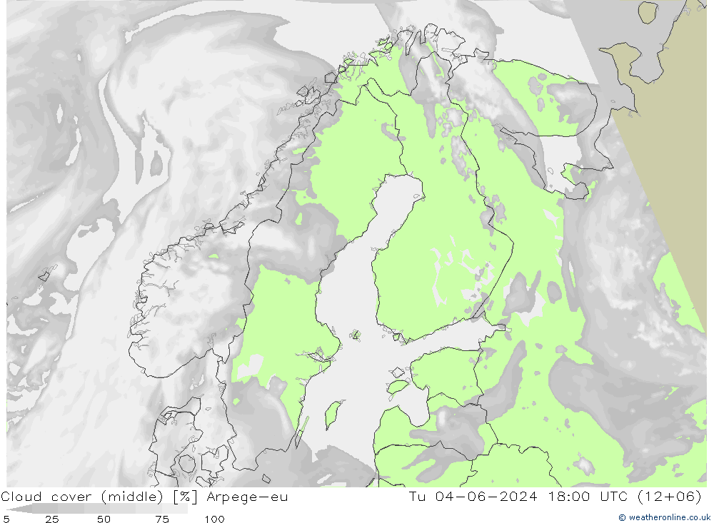 Cloud cover (middle) Arpege-eu Tu 04.06.2024 18 UTC