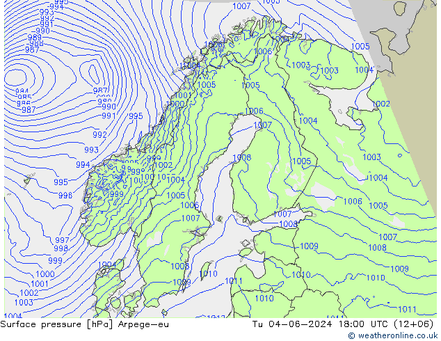 地面气压 Arpege-eu 星期二 04.06.2024 18 UTC