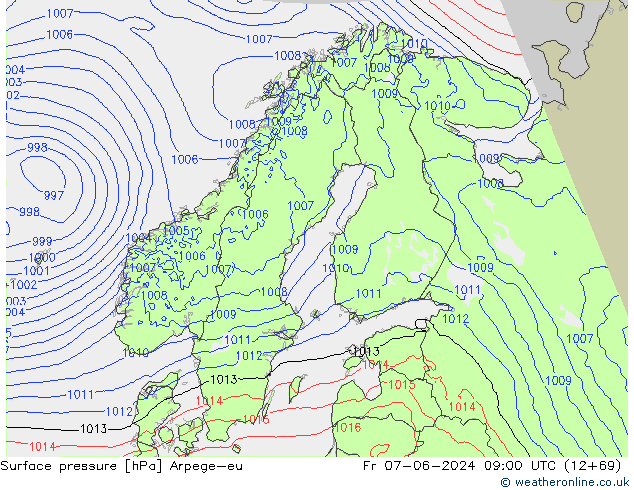 Pressione al suolo Arpege-eu ven 07.06.2024 09 UTC