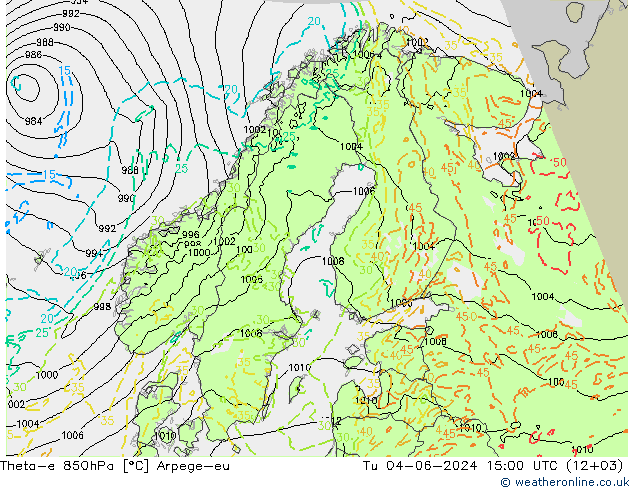 Theta-e 850hPa Arpege-eu Tu 04.06.2024 15 UTC