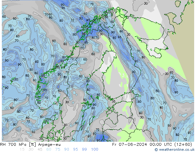 Humidité rel. 700 hPa Arpege-eu ven 07.06.2024 00 UTC