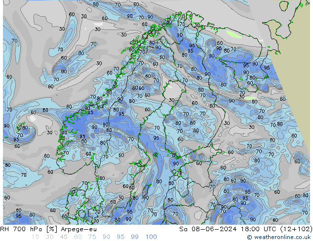 RH 700 hPa Arpege-eu sab 08.06.2024 18 UTC