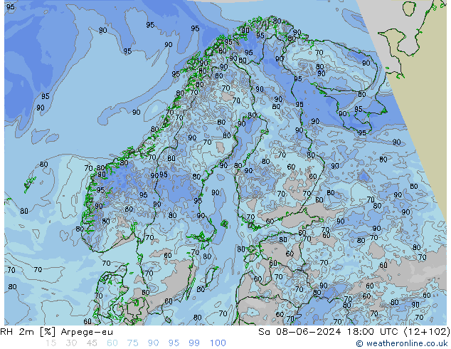 RH 2m Arpege-eu Sa 08.06.2024 18 UTC