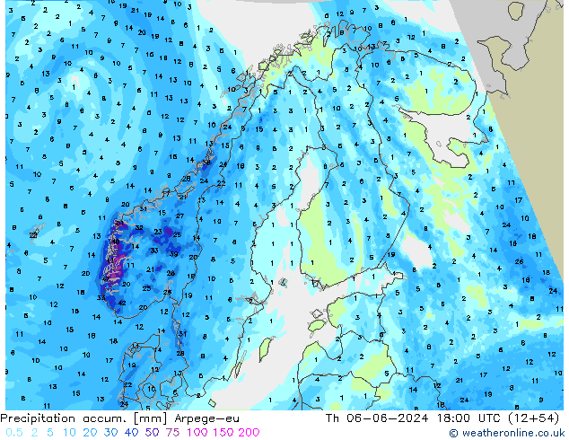 Precipitation accum. Arpege-eu  06.06.2024 18 UTC