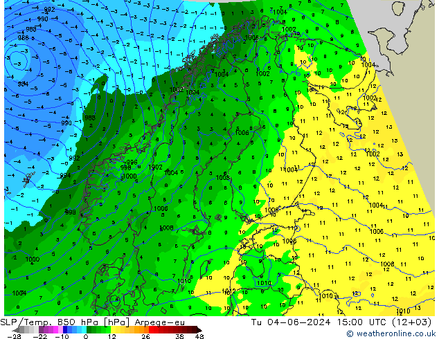 SLP/Temp. 850 hPa Arpege-eu Tu 04.06.2024 15 UTC