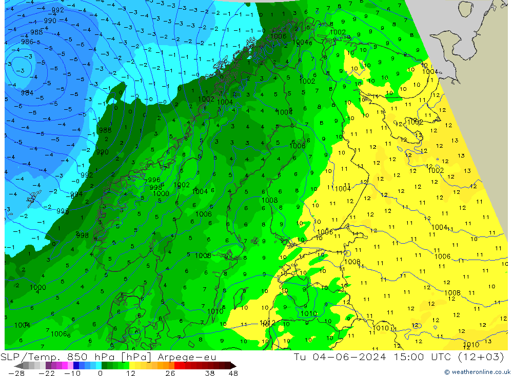 SLP/Temp. 850 hPa Arpege-eu 星期二 04.06.2024 15 UTC