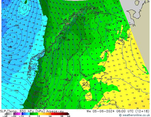 SLP/Temp. 850 гПа Arpege-eu ср 05.06.2024 06 UTC