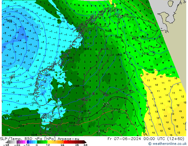 850 hPa Yer Bas./Sıc Arpege-eu Cu 07.06.2024 00 UTC