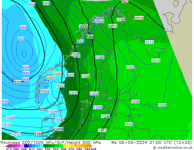 Dikte 500-1000hPa Arpege-eu wo 05.06.2024 21 UTC