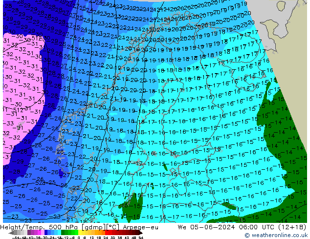 Height/Temp. 500 hPa Arpege-eu mer 05.06.2024 06 UTC