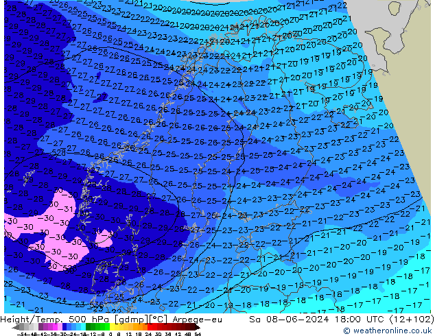 Height/Temp. 500 hPa Arpege-eu  08.06.2024 18 UTC