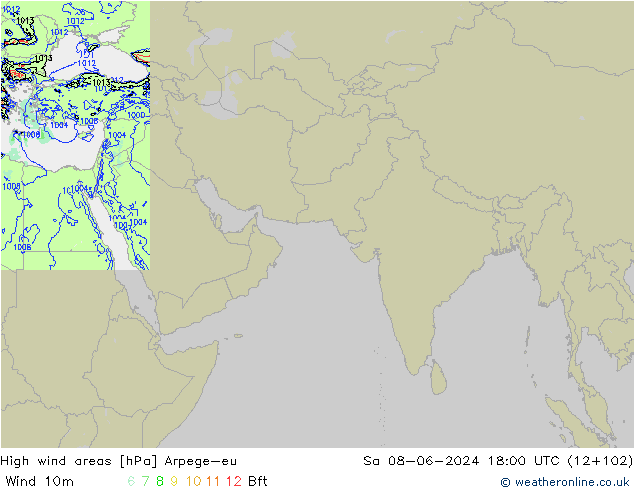 High wind areas Arpege-eu сб 08.06.2024 18 UTC