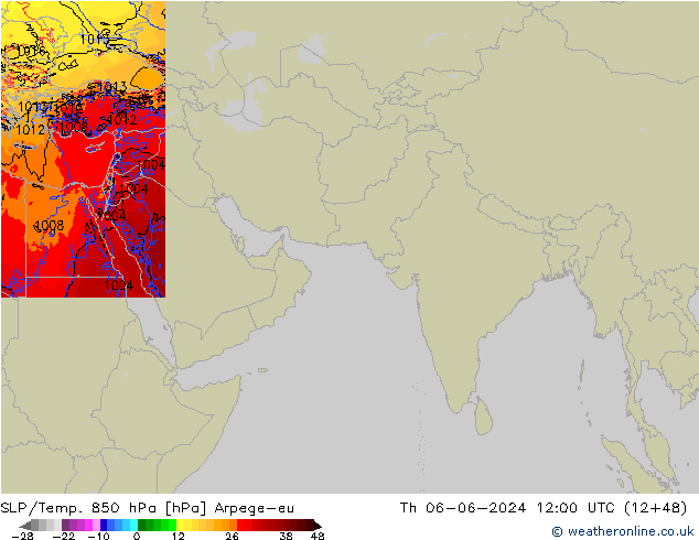 SLP/Temp. 850 hPa Arpege-eu jue 06.06.2024 12 UTC