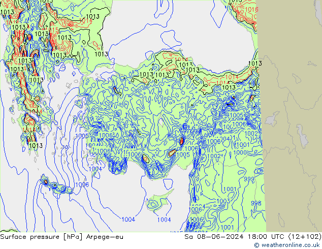 Presión superficial Arpege-eu sáb 08.06.2024 18 UTC