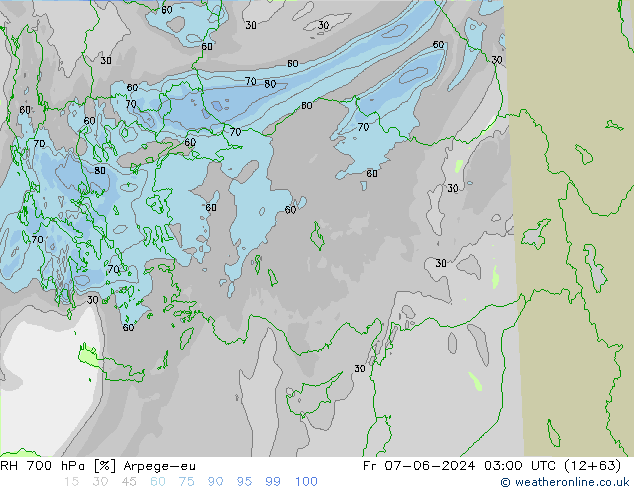 RH 700 hPa Arpege-eu ven 07.06.2024 03 UTC