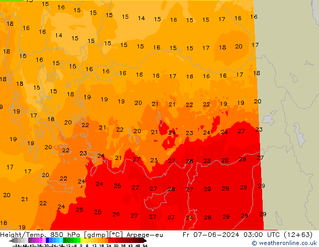 Height/Temp. 850 гПа Arpege-eu пт 07.06.2024 03 UTC