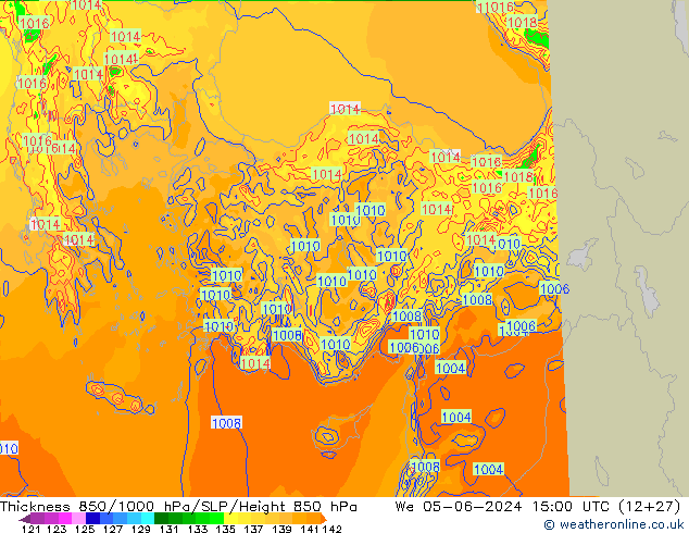 Dikte 850-1000 hPa Arpege-eu wo 05.06.2024 15 UTC