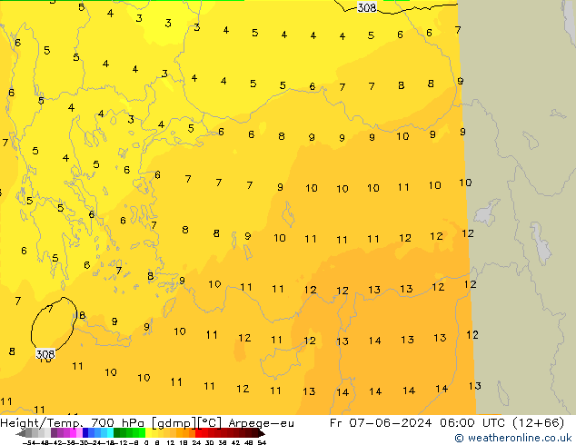 Height/Temp. 700 hPa Arpege-eu ven 07.06.2024 06 UTC