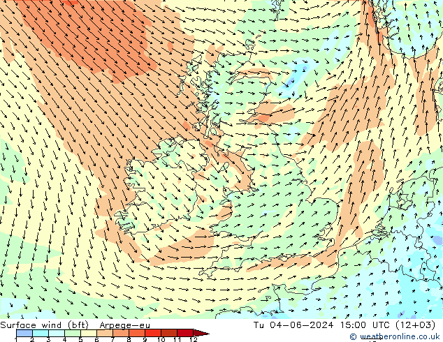 Surface wind (bft) Arpege-eu Út 04.06.2024 15 UTC
