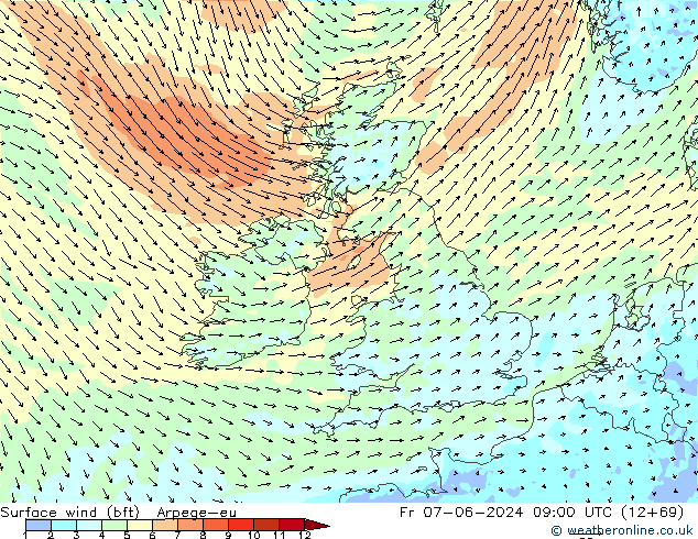 Bodenwind (bft) Arpege-eu Fr 07.06.2024 09 UTC