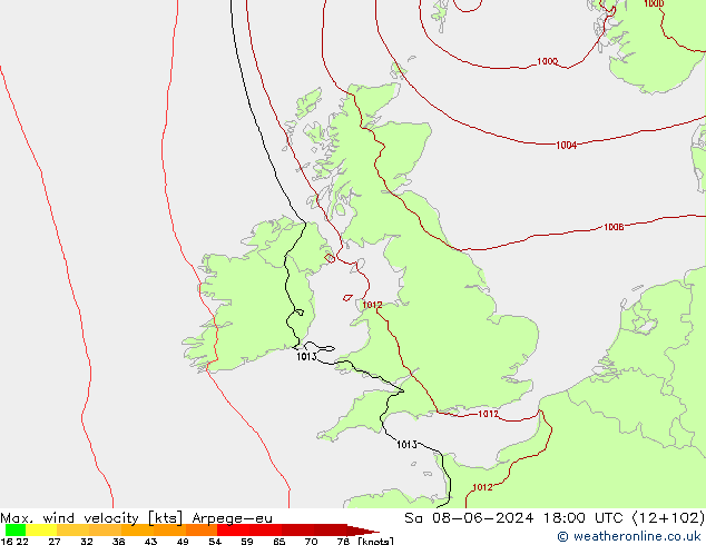 Max. wind velocity Arpege-eu So 08.06.2024 18 UTC