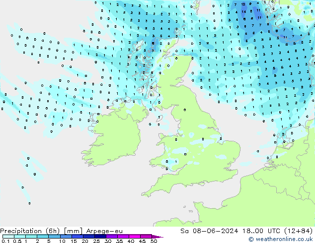 Totale neerslag (6h) Arpege-eu za 08.06.2024 00 UTC