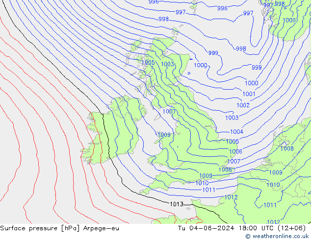 Surface pressure Arpege-eu Tu 04.06.2024 18 UTC