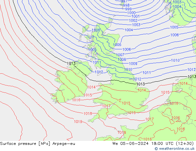 Pressione al suolo Arpege-eu mer 05.06.2024 18 UTC