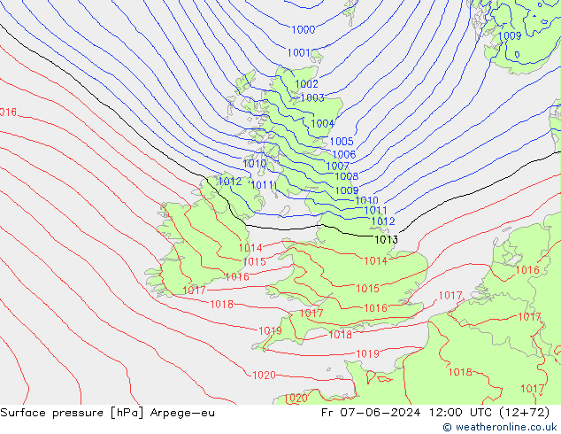 Pressione al suolo Arpege-eu ven 07.06.2024 12 UTC