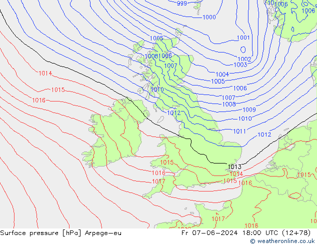 Atmosférický tlak Arpege-eu Pá 07.06.2024 18 UTC