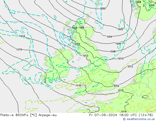 Theta-e 850hPa Arpege-eu Cu 07.06.2024 18 UTC