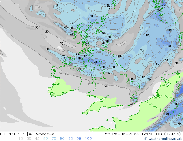 Humedad rel. 700hPa Arpege-eu mié 05.06.2024 12 UTC