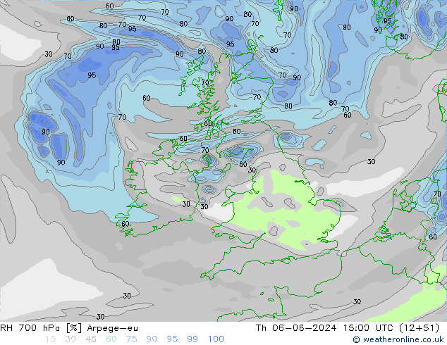 RH 700 hPa Arpege-eu gio 06.06.2024 15 UTC