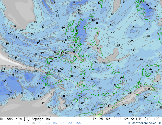 RH 850 hPa Arpege-eu gio 06.06.2024 06 UTC