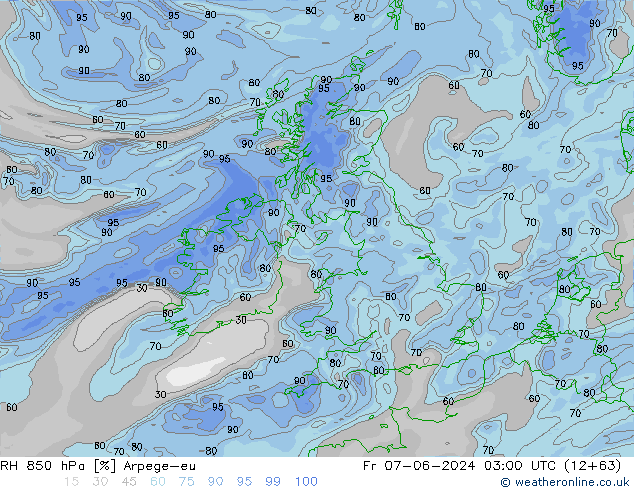 RH 850 гПа Arpege-eu пт 07.06.2024 03 UTC