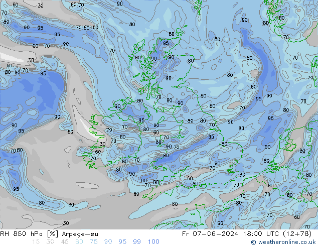 RH 850 hPa Arpege-eu Fr 07.06.2024 18 UTC