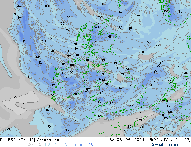 Humidité rel. 850 hPa Arpege-eu sam 08.06.2024 18 UTC